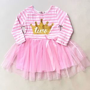 Birthday Girl Dress TWO YEARS Old 2nd Birthday Pink Gold Crown Bow Tulle Skirt